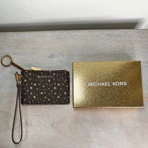 Michael Kors Jet Set Small Coin Purse Wristlet- MK monogram & Gold stars *New*